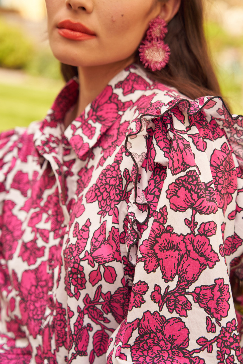 Floral, Shirt, Long Sleeves, Collared Shirt, Pink, Floral Print, Ruffle shoulder detail, Button Through