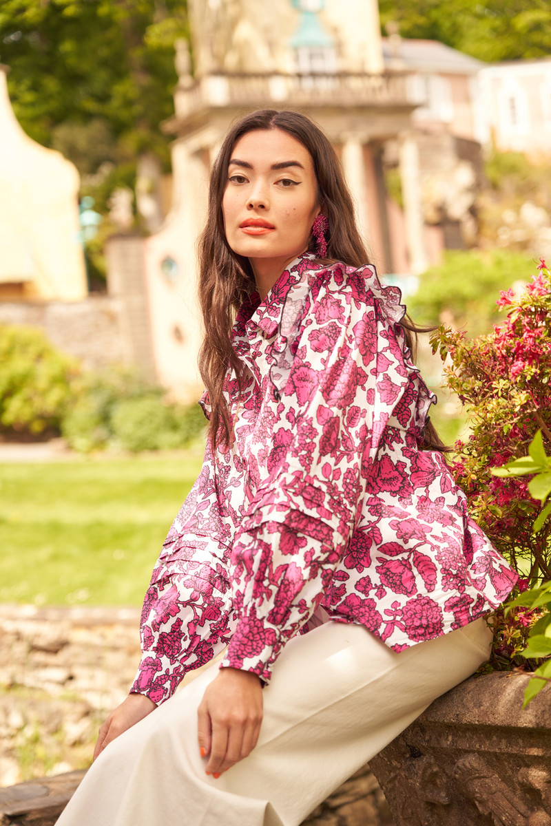 Floral, Shirt, Long Sleeves, Collared Shirt, Pink, Floral Print, Ruffle shoulder detail, Button Through