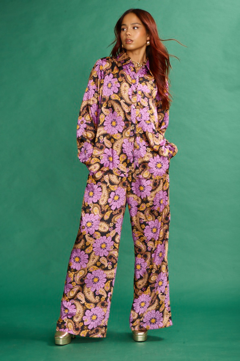 Wide Leg Trouser With Elasticated Waist In Satin Floral Purple