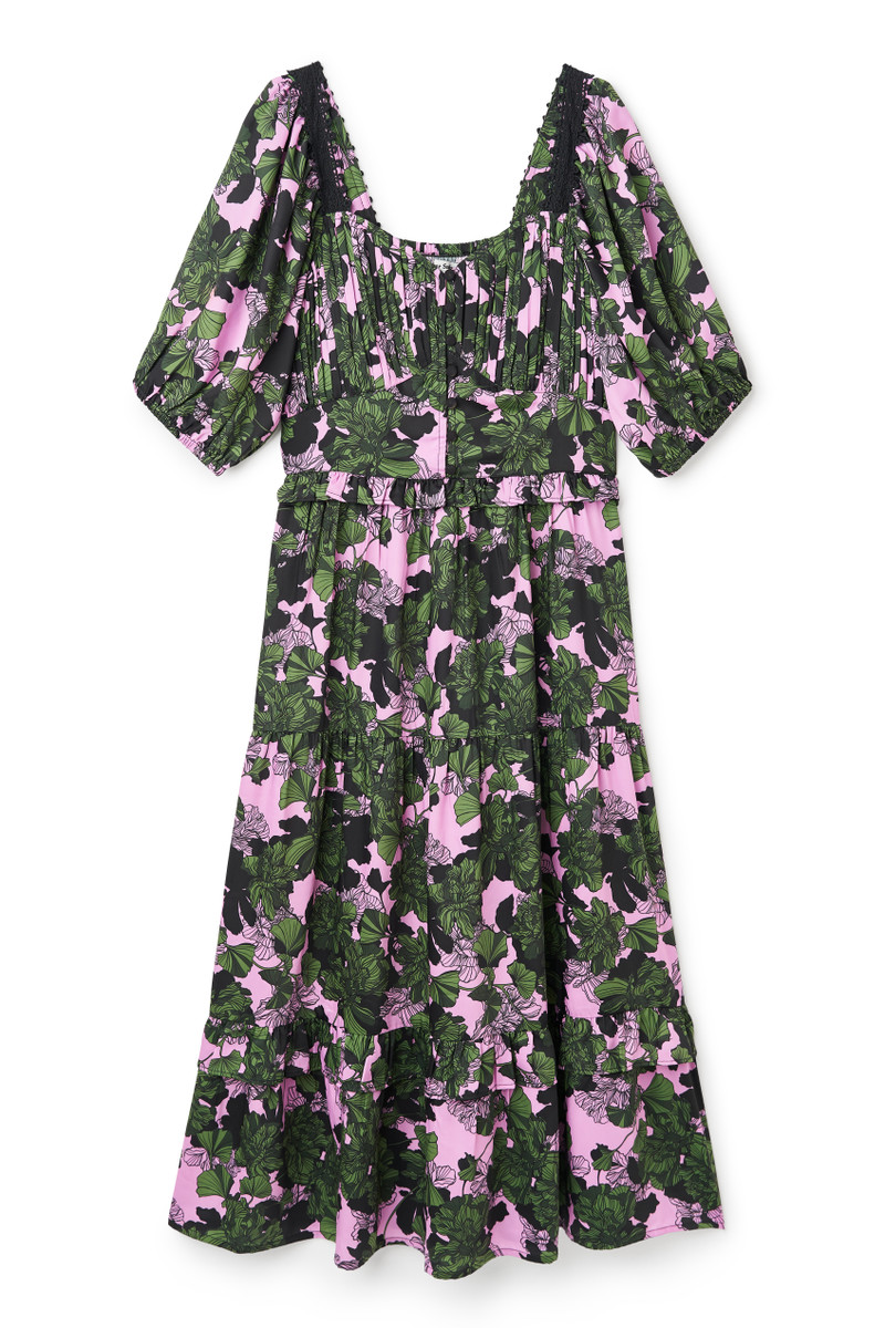 Midi Dress, Ruffle Skirt, Lace Applique Shoulder Detail, Green and Pink Floral Print, Milkmaid, Puff Sleeve, Tiered, Dress, Pink, Wedding Guest