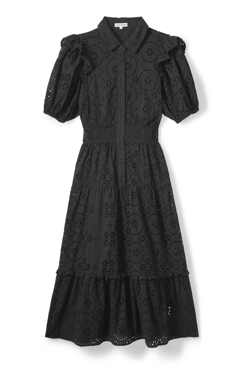 Broderie, Puff Sleeves, Button Up Front, Midi Dress, Ruffle Sleeves, Black Dress