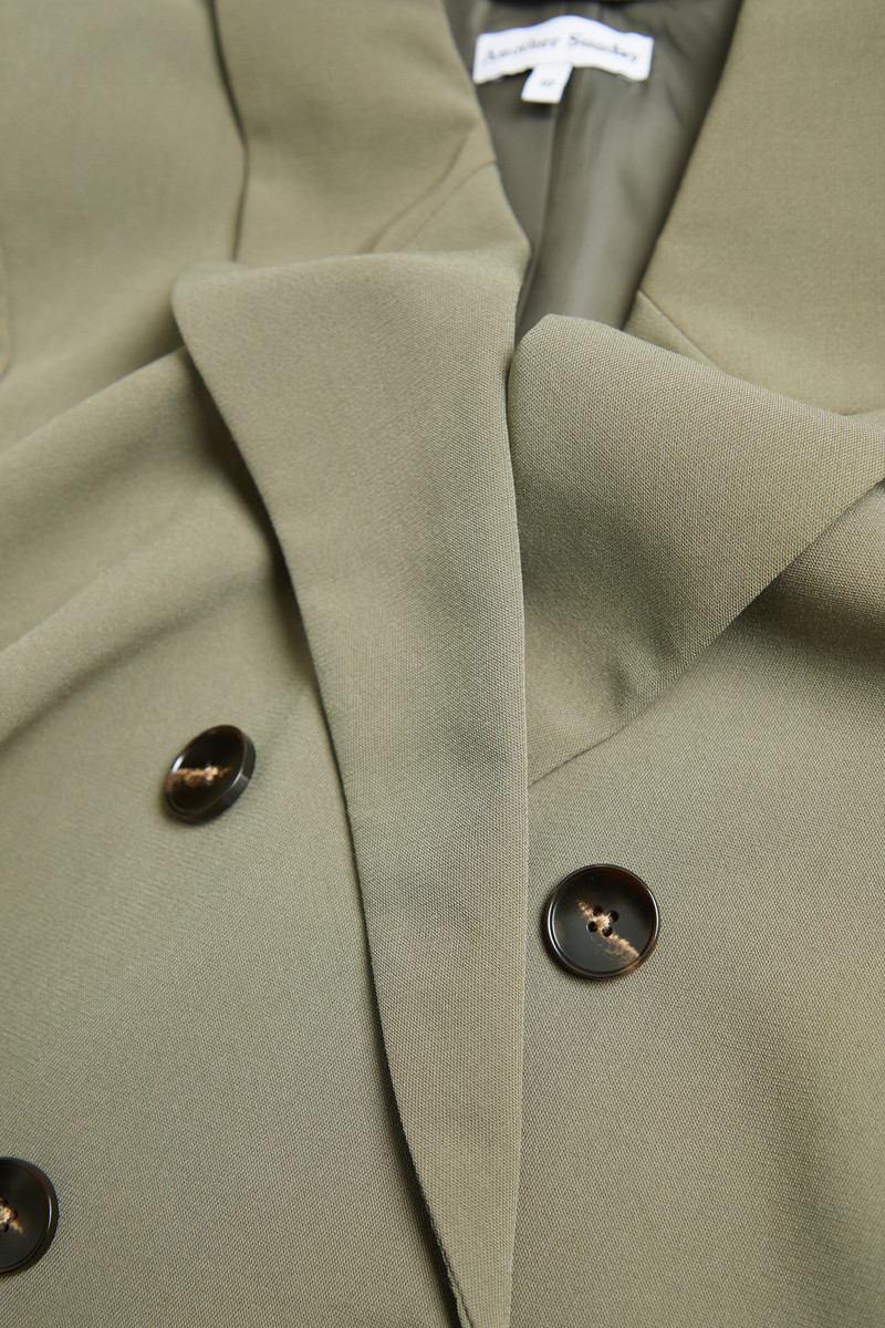 Khaki Double Breasted Cropped Boxy Blazer with Tortoise Shell Buttons
