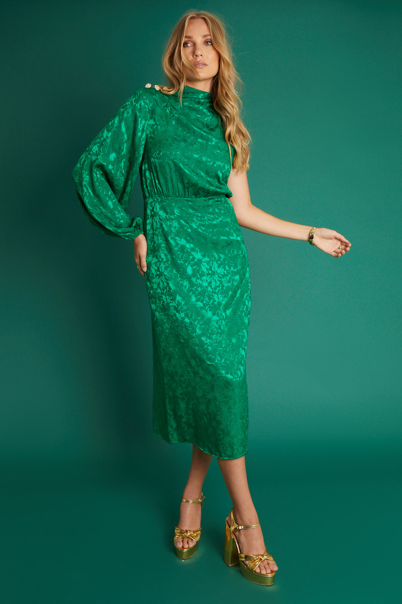 One Shoulder Green Jacquard Midi Dress with Gold Button Detailing and side split detail