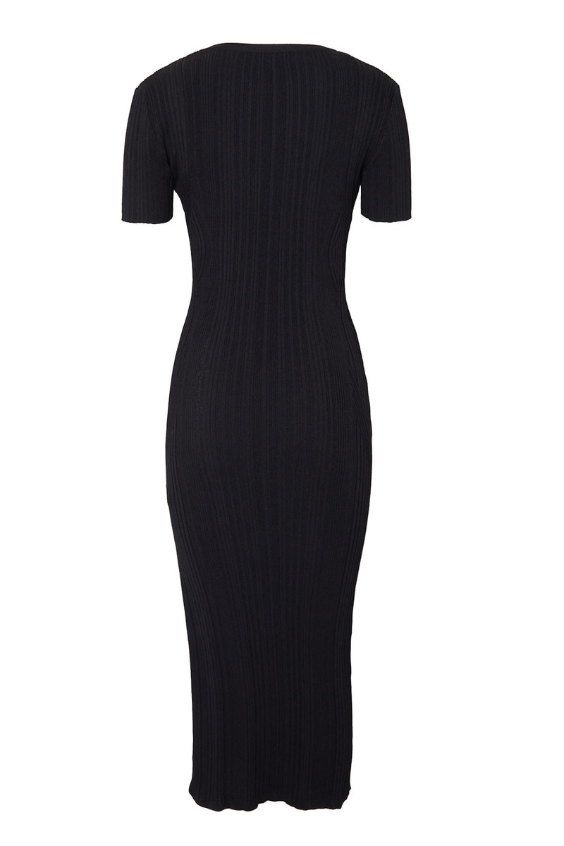 Knitted Ribbed Short Sleeve Black Midi Dress