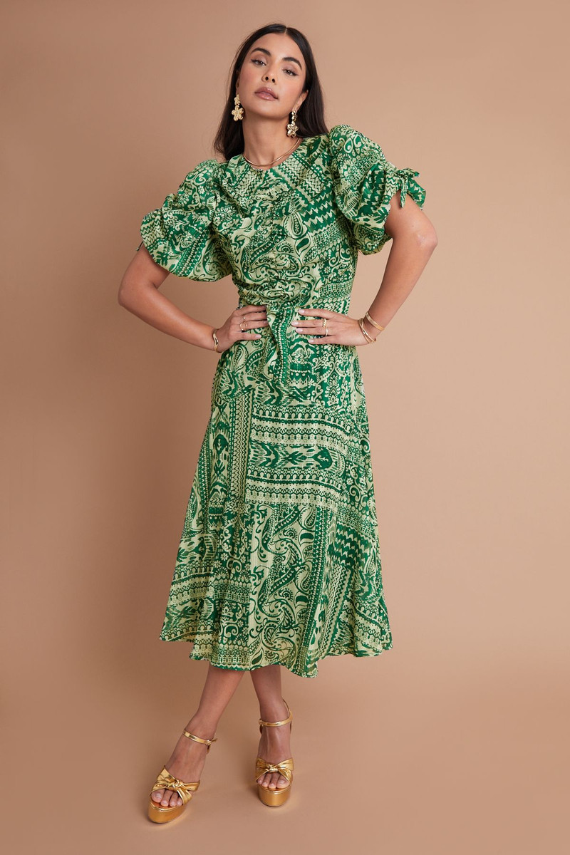 Paisley Geo Ruched Print Puff Sleeve Midi Dress with Gold Foil