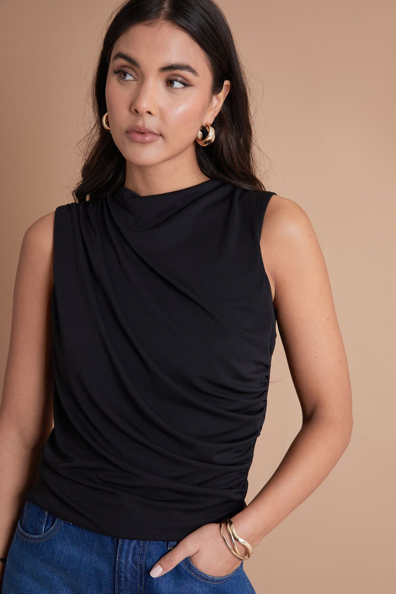 Jersey Cowl Neck Sleeveless Top Ruched Black