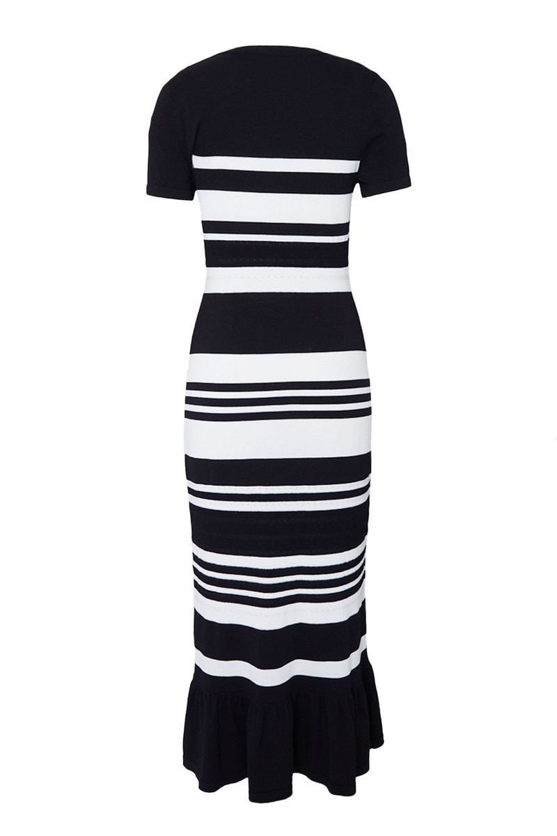 Stripe Frill Hem Ribbed Knitted Midi Dress Mono Short Sleeve