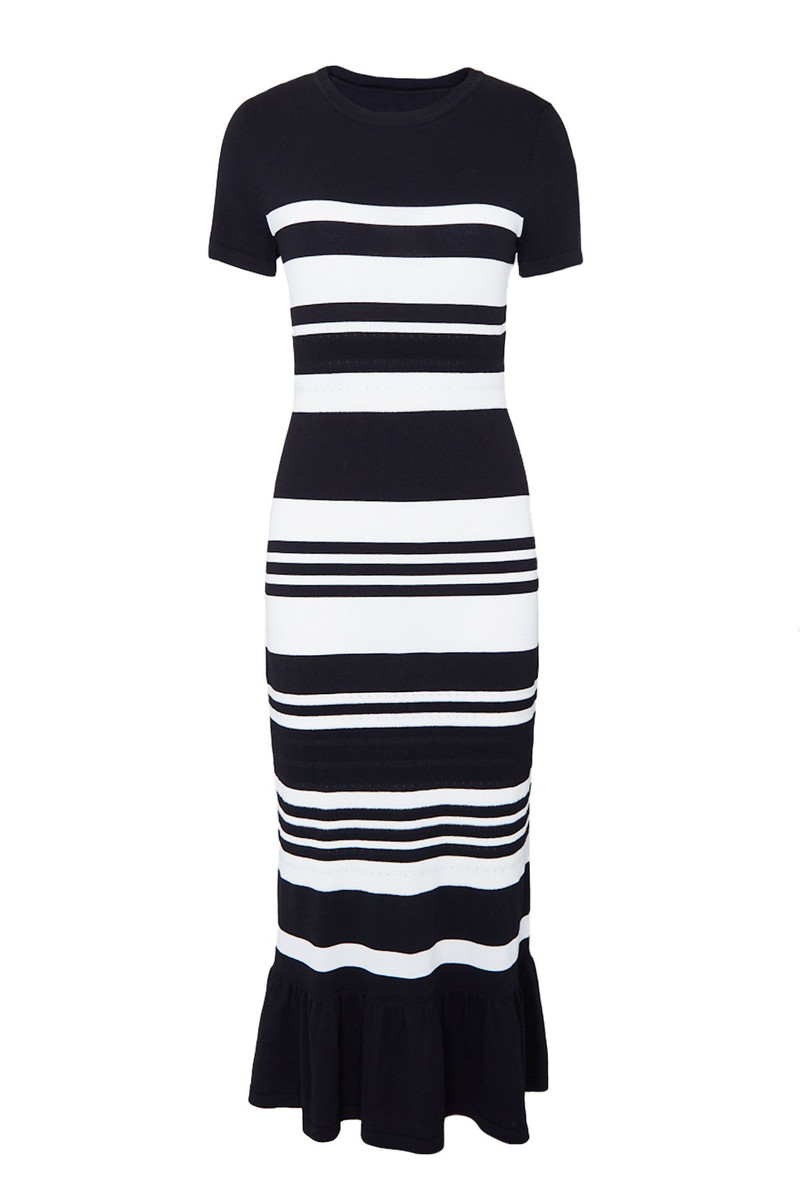 Stripe Frill Hem Ribbed Knitted Midi Dress Mono Short Sleeve