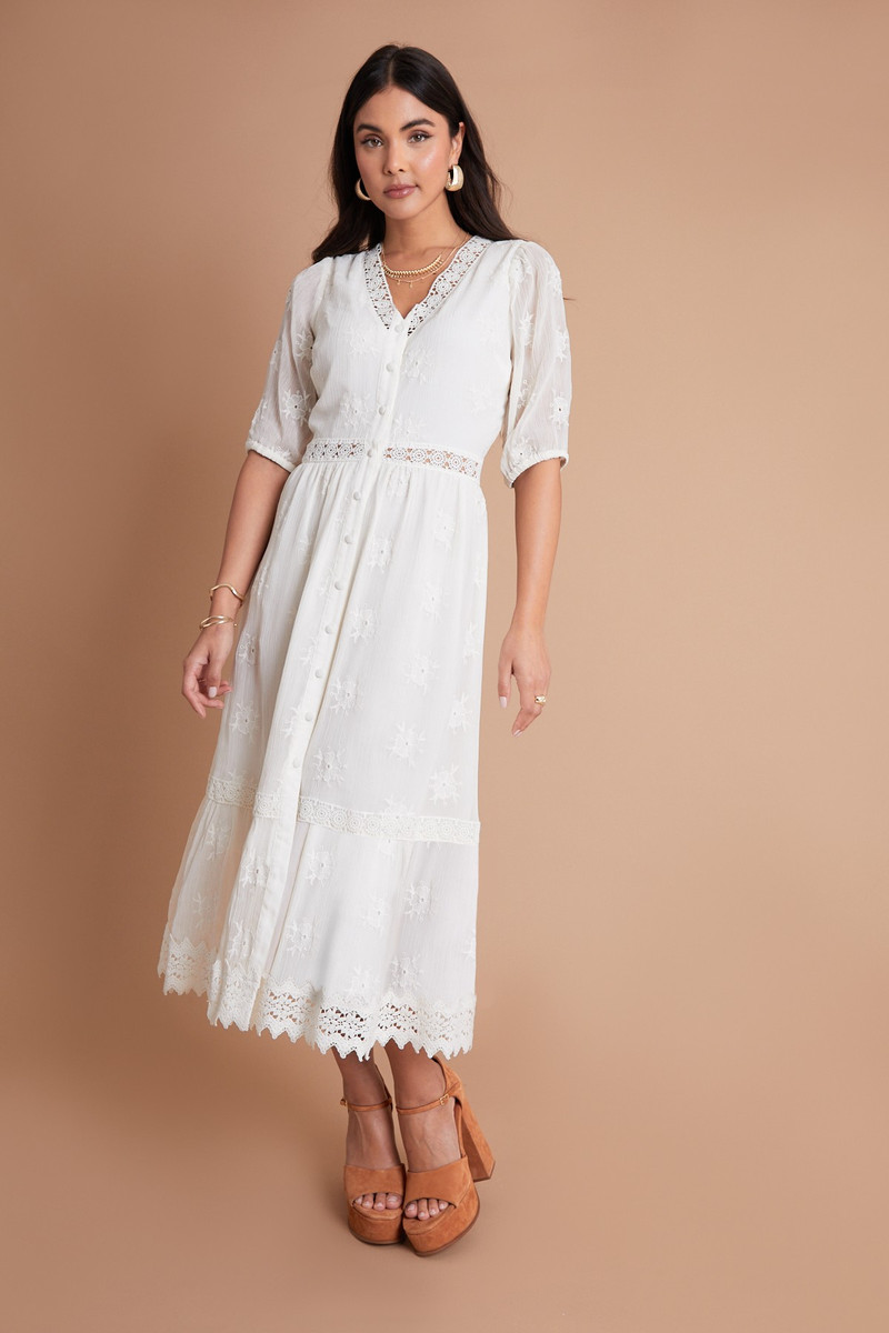 Floral Embroidered Button Down Ecru Lace Detail Chiffon Midi Dress with Puff Sleeve