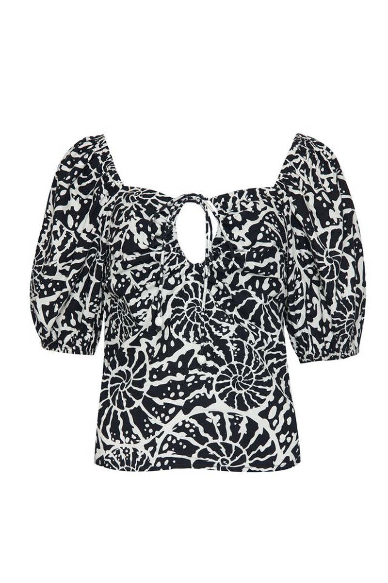 Puff Sleeve Key Hole Front Mono Shell Print Blouse