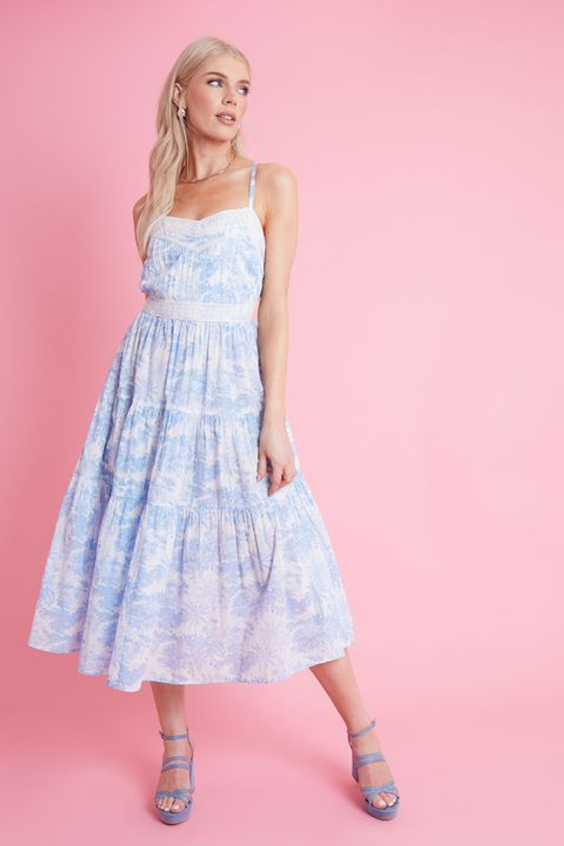 Blue Floral Scenic Print Ruffle Hem Tiered Strappy Midi Dress with Lace  Trims