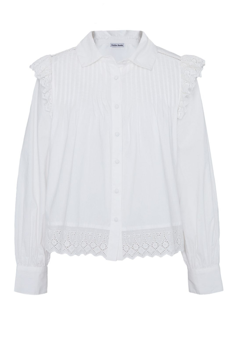 Pintuck Broderie Ruffle Detail Lace Trim Shirt White