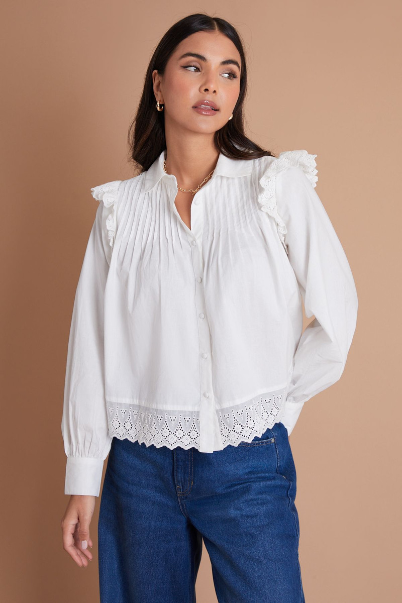 Pintuck Broderie Ruffle Detail Lace Trim Shirt White