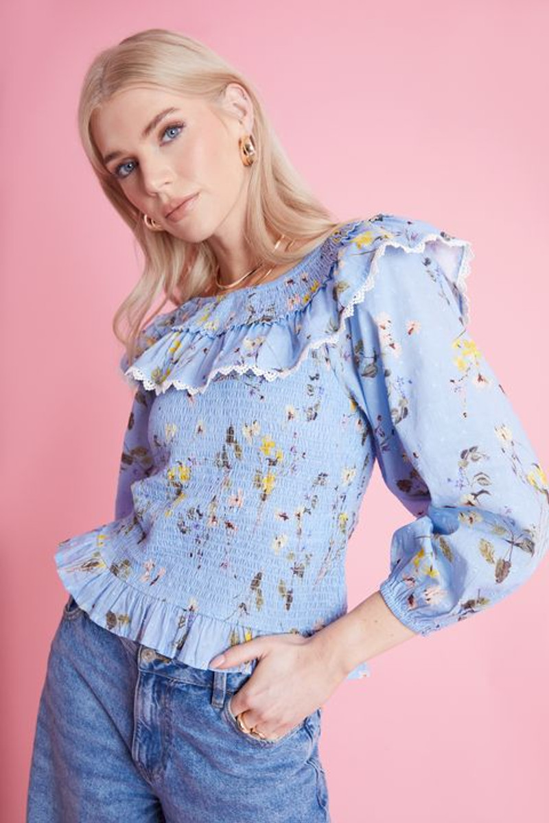 Shirred Body Blue Ditsy Bardot Floral Dobby Lace Trim Blouse