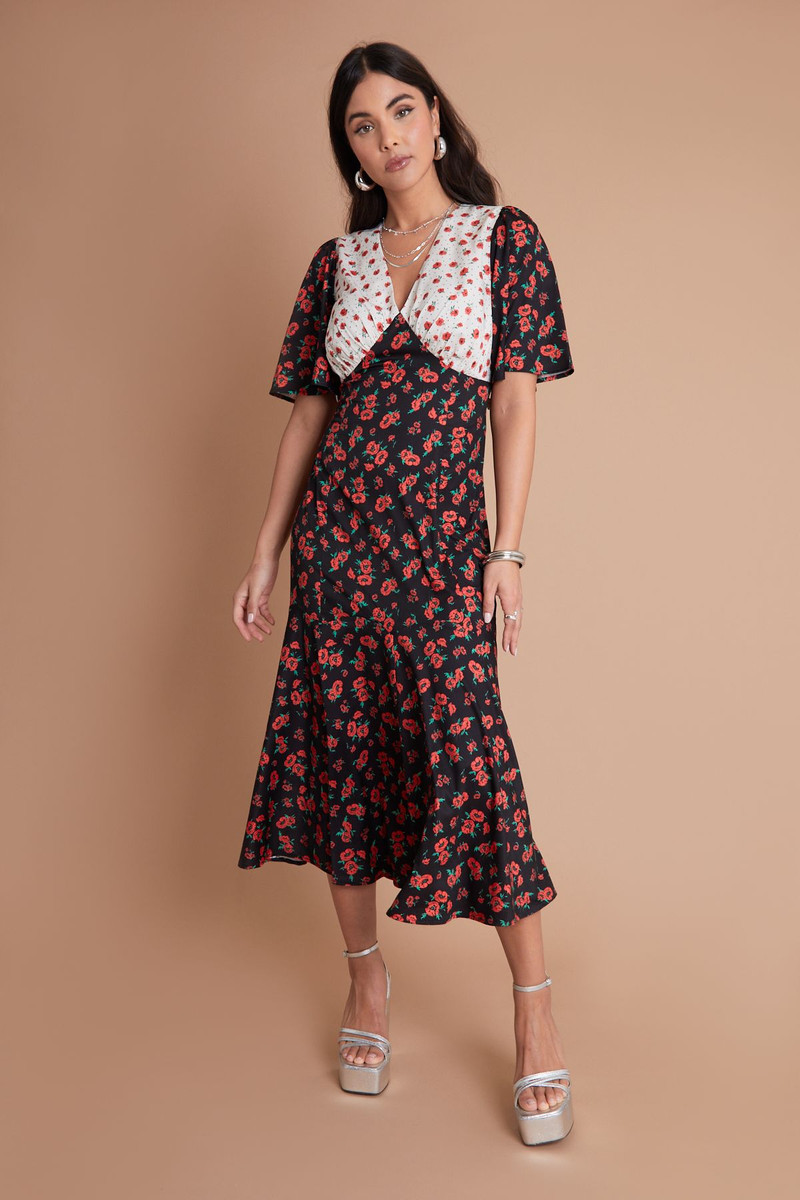 Flutter Sleeve Short Sleeve Mixed Print Floral Ditsy Black V Neck Midi Dress