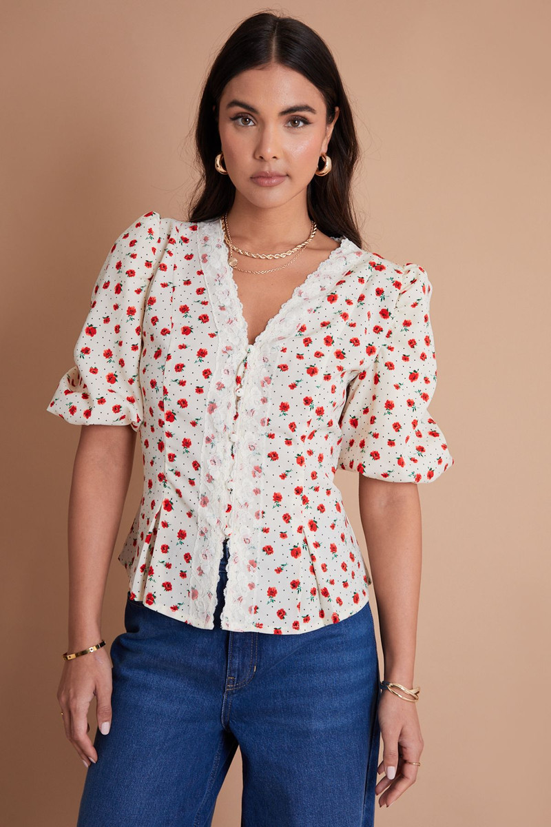 Lace Trim Puff Sleeve Button Through Ecru & Red Ditsy Floral Polka Dot Blouse With Tie Back Detail