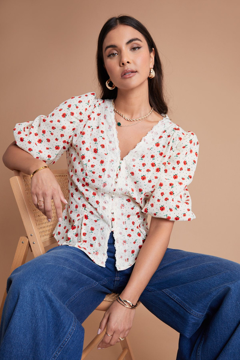 Lace Trim Puff Sleeve Button Through Ecru & Red Ditsy Floral Polka Dot Blouse With Tie Back Detail