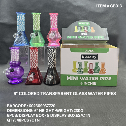 BLAZEY 6" COLORED TRANSPARENT GLASS SNIFFER W/ ARTISTIC STRING 6CT DISPLAY [GB013]