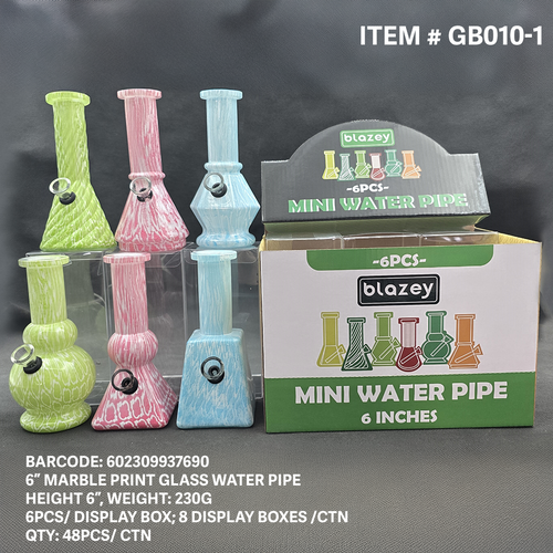 BLAZEY 6" MARBLE PRINT GLASS WATER PIPE 6CT DISPLAY [GB010]