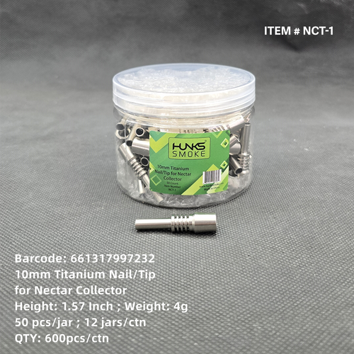 HUNKS SMOKE 10MM TITANIUM NECTAR COLLECTOR NAIL/TIP 50CT JAR [NCT-1]