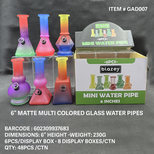 BLAZEY 6" MATTE MULTI COLORED GLASS WATER PIPE 6CT DISPLAY [GB008]