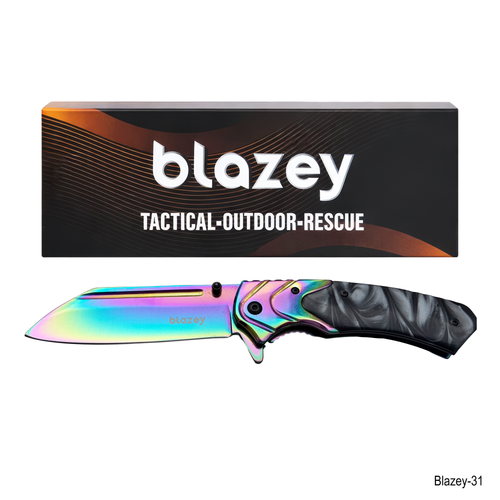 BLAZEY TACTICAL PREMIUM FOLDING KNIVES RAINBOW W/ BLUE HANDLE DESIGN [BLAZEY-31]