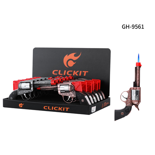 CLICKIT PATTERNED METAL REVOLVER SINGLE TORCH 12CT DISPLAY [GH-9561]