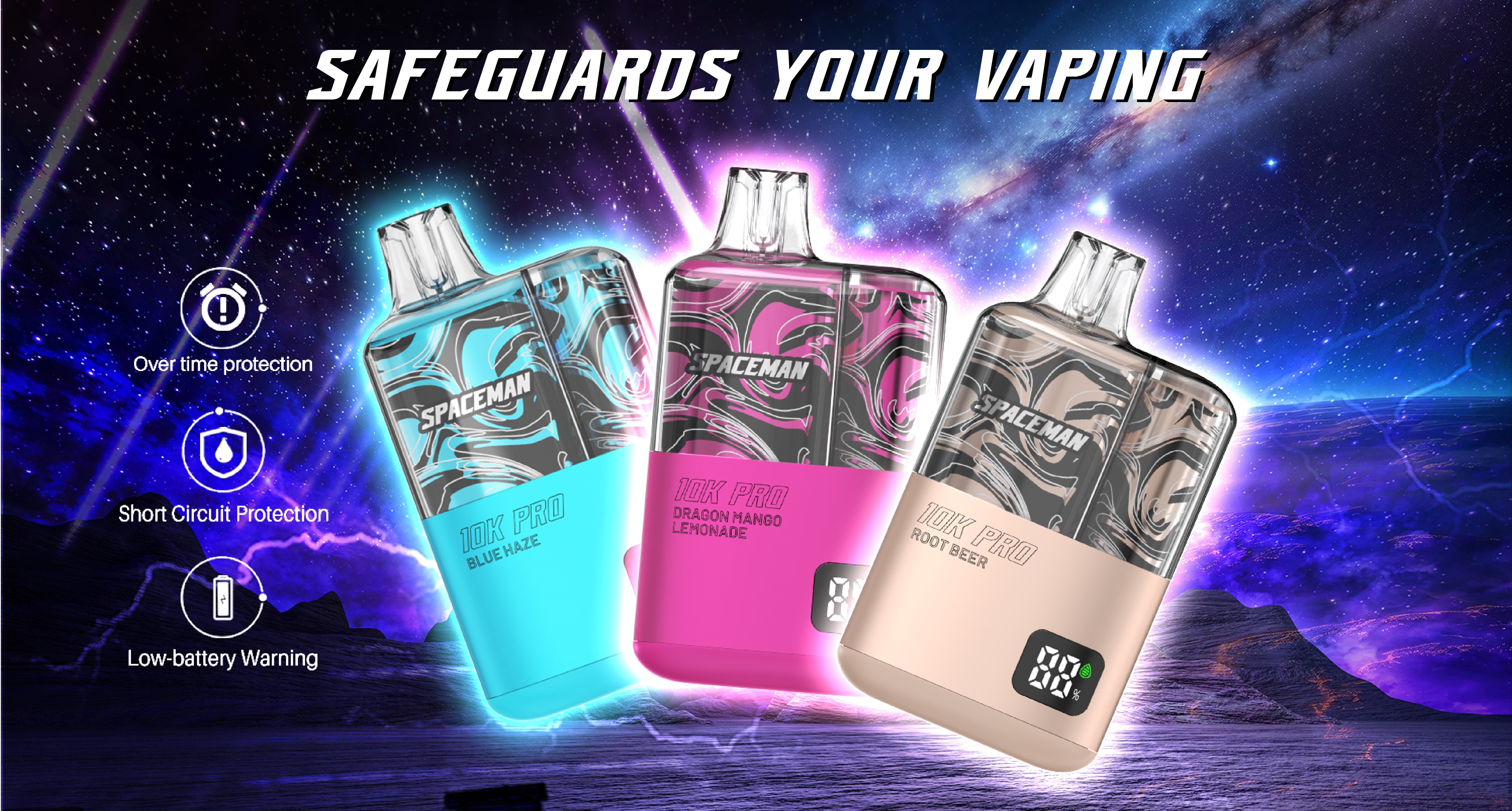 Smok Spaceman Pro Disposable Vape Flavors: Blue Haze, Drafon Mango Lemonade, Root Beer and Battery Features