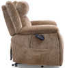 Golden PR104 Halo Lift Recliner in Sand side view sitting position with power headrest