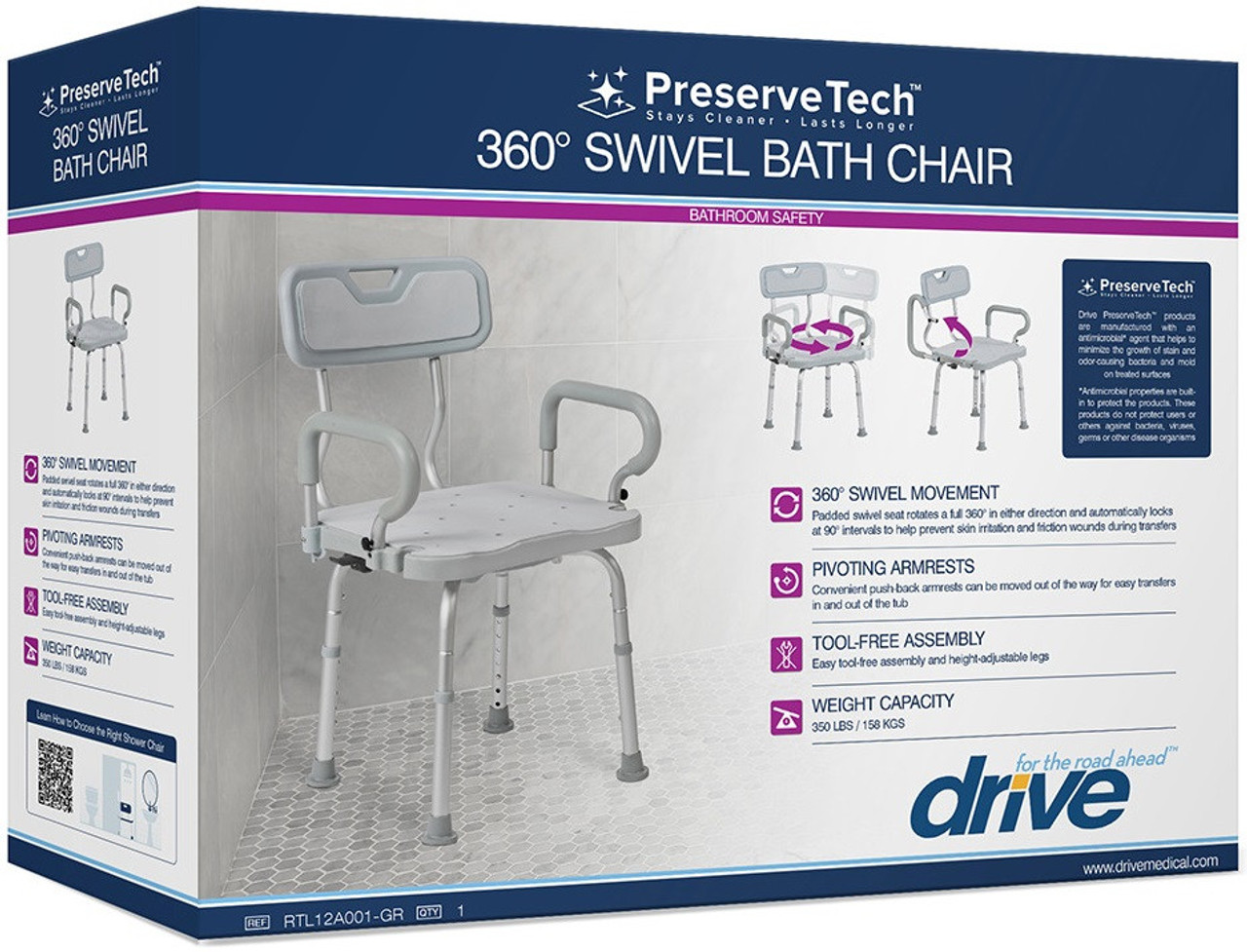 Drive RTL12A001 Swivel Seat Bath Chair w Arms