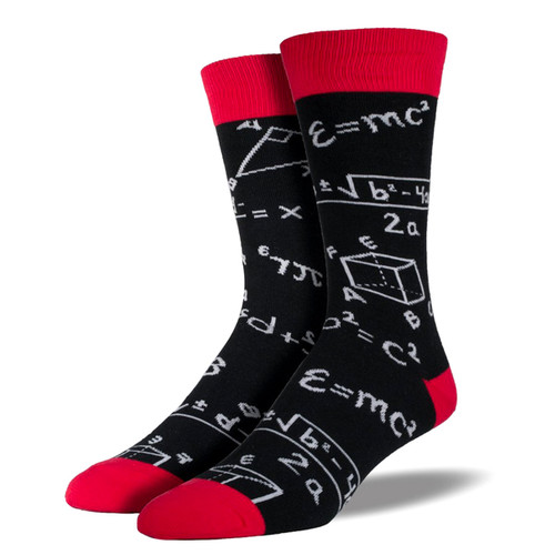 Black and red socks printed with math equations