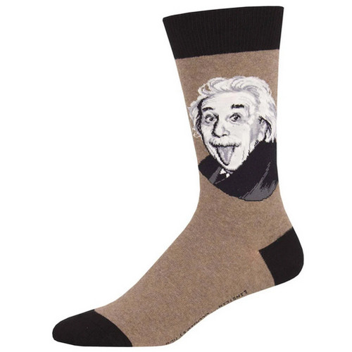 brown and black sock with Einstein image