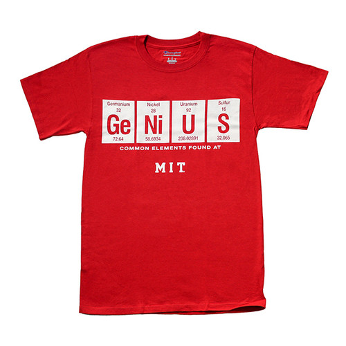 Red M.I.T.  t-shirt with genius spelled in periodic table symbols