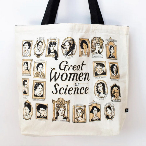 White canvas tote bag with illustrations of historic women scientists