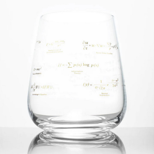 Stemless wine glass front covered in famous equations