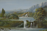 Panoramic oil on canvas depicting bathers