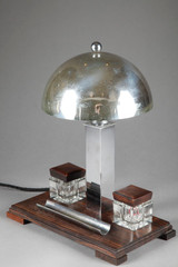 DESK LAMP AND INKWELL ART DECO METAL CHROME AND MACASSAR EBONY