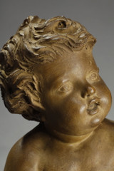 Sculpture en terre cuite française, angelots et chien symbolisant la chasse, signée Le Brun