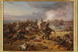Painting depicting the charge of the French cuirassiers at Watreloo, signed Eugène Charpentier