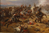 Painting depicting the charge of the French cuirassiers at Watreloo, signed Eugène Charpentier