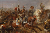 Painting depicting the charge of the French cuirassiers at Watreloo, signed Eugène Charpentier