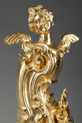 CHENETS ANCIENS DE STYLE ROCAILLE EN BRONZE DORE ORNES DE FEMMES AILLEES CHENETS ANCIENS DE STYLE ROCAILLE EN BRONZE DORE ORNES DE FEMMES AILLEES