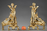 ANTIQUE ROCAILLE STYLE ANDIRONS MADE OF BRONZE GILDED AND DECORATED WITH WINGED WOMEN 