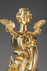 CHENETS ANCIENS DE STYLE ROCAILLE EN BRONZE DORE ORNES DE FEMMES AILLEES CHENETS ANCIENS DE STYLE ROCAILLE EN BRONZE DORE ORNES DE FEMMES AILLEES