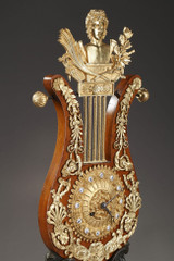 LARGE LYRE CLOCK IN ELM BURL AND BRONZE