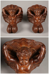 PAIR OF 19TH CENTURY SOLID OAKWALL CONSOLES WITH CHERUBS