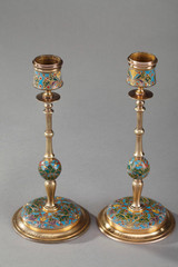 PAIR OF CANDLESTICKS IN BRONZE AND ENAMEL SIGNED BARBEDIENNE