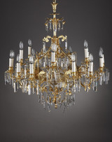 LUSTRE EN CRISTAL, VERRE ET BRONZE DORE A 18 LUMIERES LUSTRE EN CRISTAL, VERRE ET BRONZE DORE A 18 LUMIERES