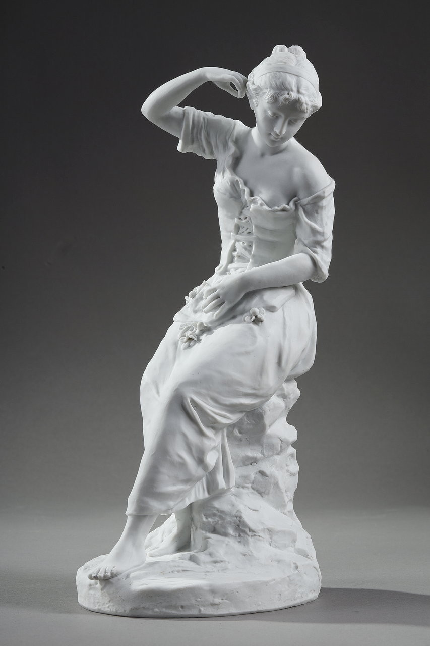 Sculpture XIXe Siècle En Biscuit - Chien De Chasse Tenant Un Oiseau, Style Napoléon III, Décorative
