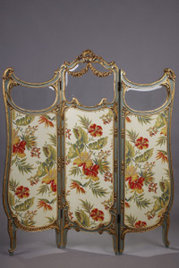 Louis XV style three-leaf folding screen in molded wood and embroidered fabric